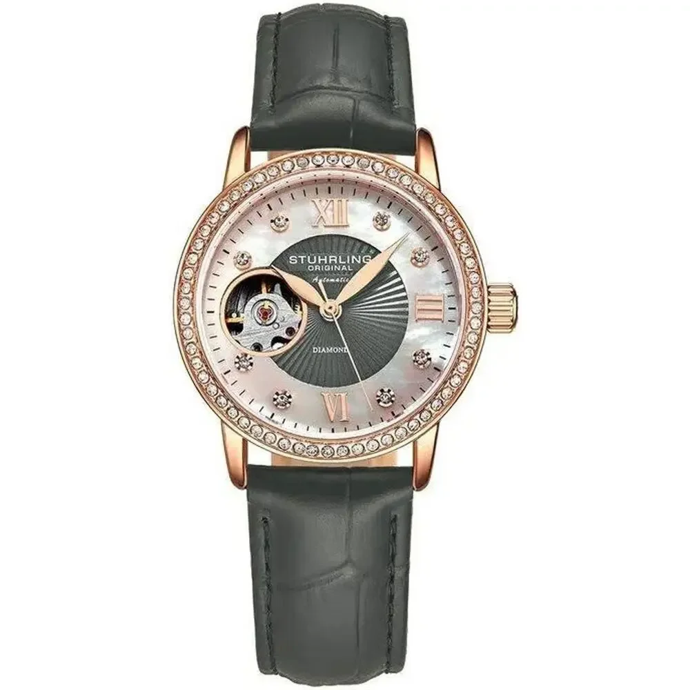 Stührling Original Women’s Automatic Analog Watch Rose Gold Gray Leather w/ Box